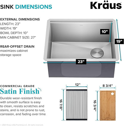 KRAUS KWU111-23 Kore Workstation 23-inch Undermount 16 Gauge Single Bowl Stainless Steel Kitchen Sink with Integrated Ledge and Accessories (Pack of 5)