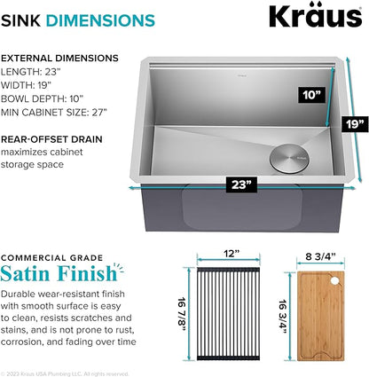 KRAUS KWU111-23 Kore Workstation 23-inch Undermount 16 Gauge Single Bowl Stainless Steel Kitchen Sink with Integrated Ledge and Accessories (Pack of 5)