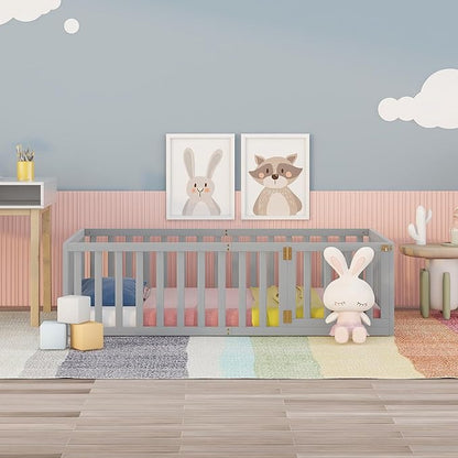 Twin Size Floor Bedframe with Door and Safety Guardrails Fence, Solid Wooden Toddler Montessori Platform Bed for Children Bedroom, Boys Girls, Kids Playroom