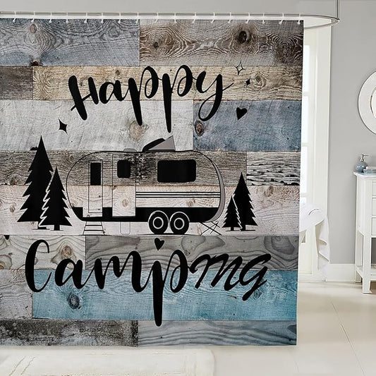 Feelyou Camper Shower Curtain Camping Bathroom Shower Curtain Set Happy Camping Bath Curtain for Kids Boys Girls Camping Car Kids Bathroom Accessories 72"x72"