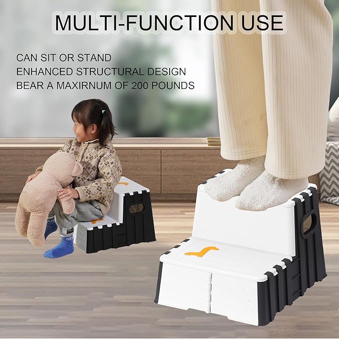 Toddler Step Stool,Anti-Slip Sturdy 2 Step Folding Stools for Kids for Bathroom Toilet Potty Training（Black and White）