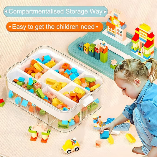 Clear Toy Storage Bins with Lid for Lego, Stackable Toy Organizers Box for Boys and Girls, Plastic Storage Container with Dividers Removable Tray for Bead, Tool, Sewing-Toy Blocks not Included