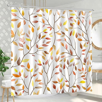 Boho Fall Shower Curtain, Autumn Colorful Botanical Flower Leaves Bohemian Yellow Fabric Shower Curtain Set with 12 Hooks, Bathroom Accessories Decor Cloth Curtain 72x72 Inches