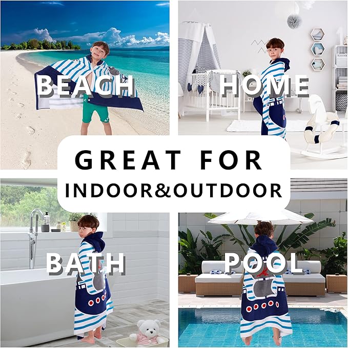 Kids Hooded Beach Bath Towel, Baby Surf Poncho Toddlers Soft Real Cotton Wrap Hooded Towels for Kids Boy Girl