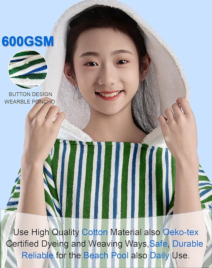 VOOVA & MOVAS Big Kids Hooded Towel Poncho | Large, Soft, Absorbent Cotton | 8-16 Years | Versatile for Pool, Swim,Beach and Bathroom | Navy Blue&Green