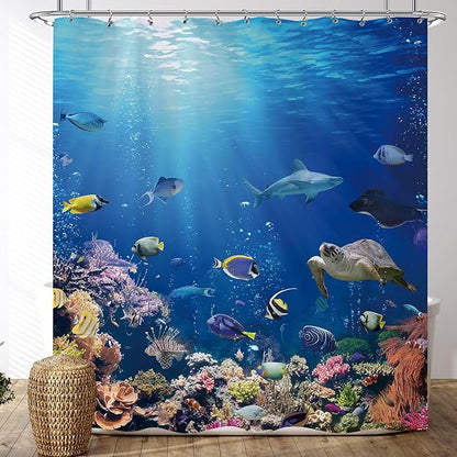 Blue Ocean Fish Shower Curtain 72x72 Tropical Marine Life Under The Sea Shower Curtain for Bathroom Modern Underwater Coral Turtle Bathtub Curtain Nature Blue Summer Beach Bathroom Decor