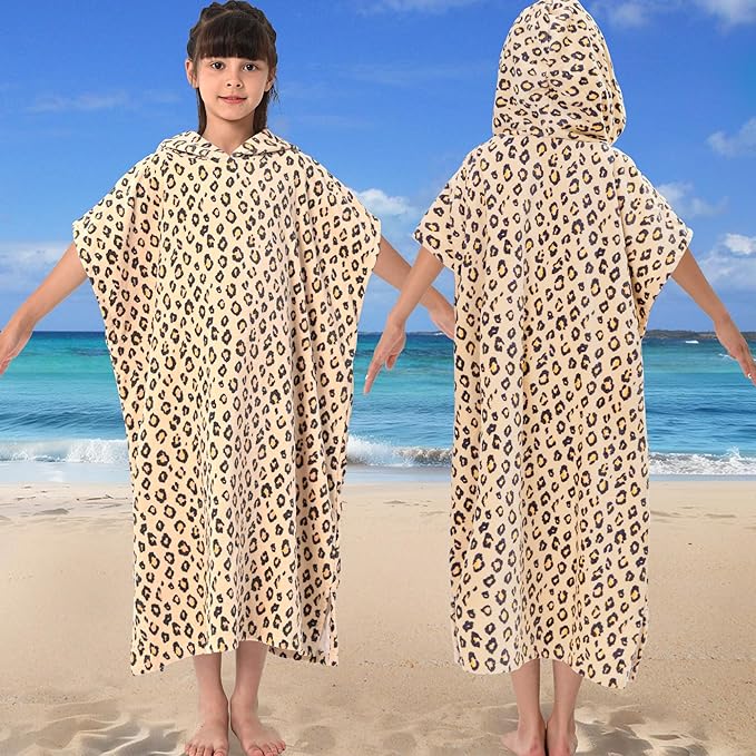 VOOVA & MOVAS Changing Towels Robe for 8-14 Girl Teens,100% Cotton Poncho Towel, Large Absorbent Hooded Towel Dress for Pool | Beach | Bath | Swim, Leopard Print