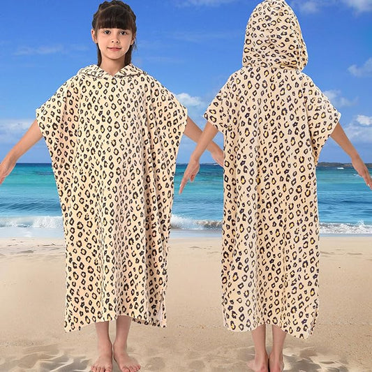 VOOVA & MOVAS Changing Towels Robe for 8-14 Girl Teens,100% Cotton Poncho Towel, Large Absorbent Hooded Towel Dress for Pool | Beach | Bath | Swim, Leopard Print