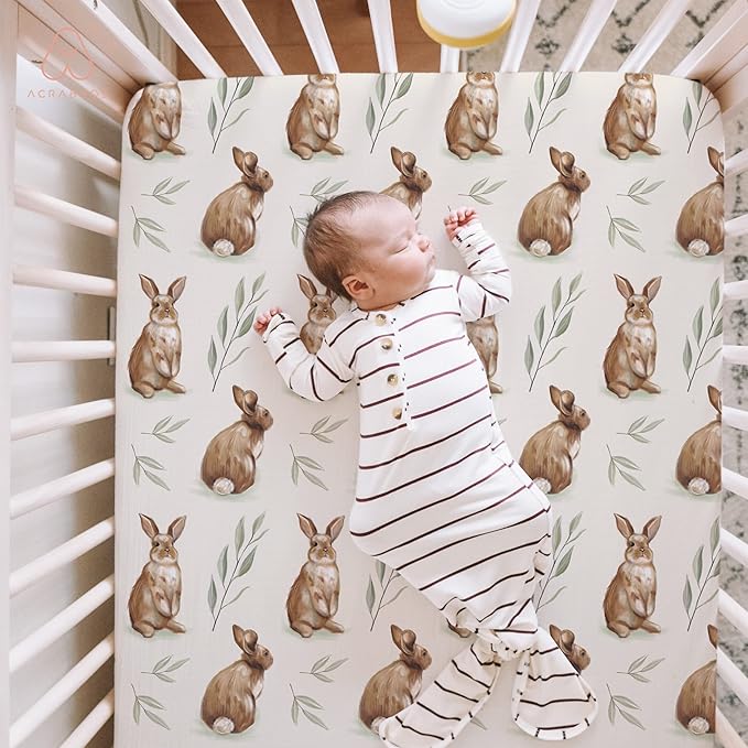ACRABROS Crib Sheets for Girl Boy: Stretchy Baby Fitted Crib Mattress Sheets Sets 2 Pack Standard Size Ultra Soft Neutral, Rabbit Nuts