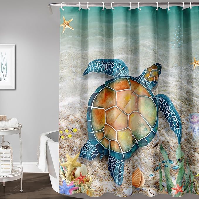 AILONEN Sea Turtle Shower Curtain,Beach Ocean Turtle Bath Curtain with 12 Plastic Hooks,Sea Animal Coast Shell Print Bath Curtain Polyester Waterproof 72" W*96" H