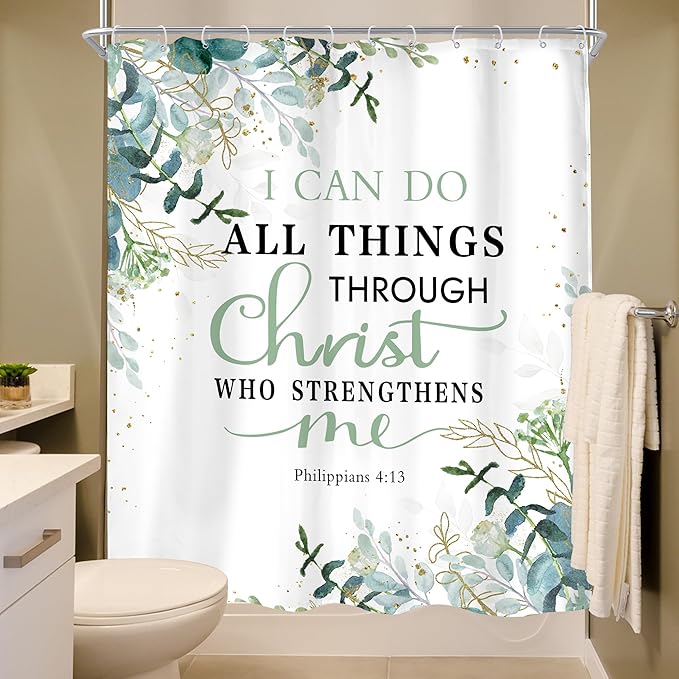 MESHELLY Green Christian Shower Curtain 60Wx72H Inspirational Shower Curtain Rustic Eucalyptus Bible Verses Quotes Bathroom Curtain for Women Scriptures Leaves Bathroom Decor Fabric with 12 Hooks