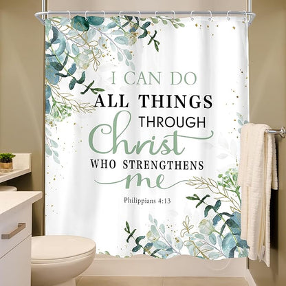 MESHELLY Green Christian Shower Curtain 60Wx72H Inspirational Shower Curtain Rustic Eucalyptus Bible Verses Quotes Bathroom Curtain for Women Scriptures Leaves Bathroom Decor Fabric with 12 Hooks