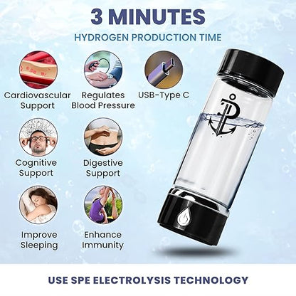 Hydrogen Water Bottle Generator | Durable SPE PEM Electrolysis Technology Hydrogen Water in 3 Min | Portable Water Quick Ionizer Machine for Home, Office, Travel, Exercise, Daily Use & Gifts (Black)