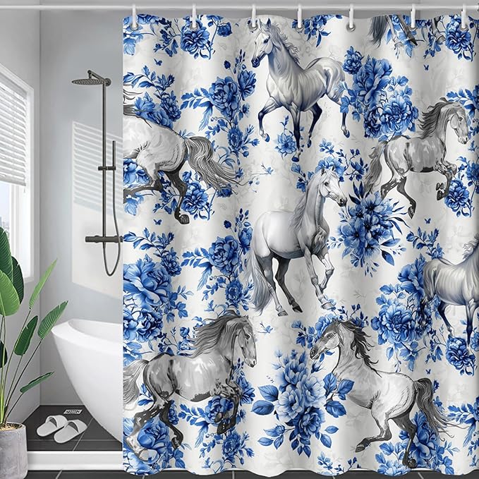 AILONEN Blue Floral Horse Shower Curtain,Farm Animal Printed Galloping Horse Bath Curtain,Minimalist Flower Girls Women Bathroom Curtain Decor, 72" W x 96" H