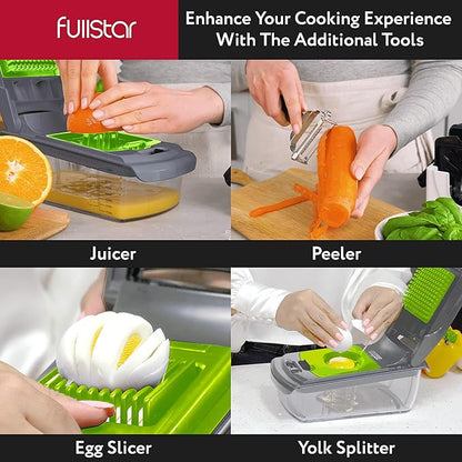Fullstar Vegetable Chopper - Food Chopper - Onion Chopper - Vegetable Slicer & Spiralizer - Veggie Chopper with Container - Kitchen Gadgets - Home Essentials - Kitchen Accessories (9 in 1, Gray/Green)