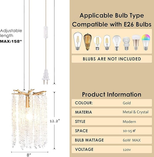 Plug in Crystal Chandelier with 15Ft Cord Modern Pendant Light for Bedroom Mini Antler Hanging Lamp for Kitchen Island Dinning Bedrooms and Hallway(1 Light)