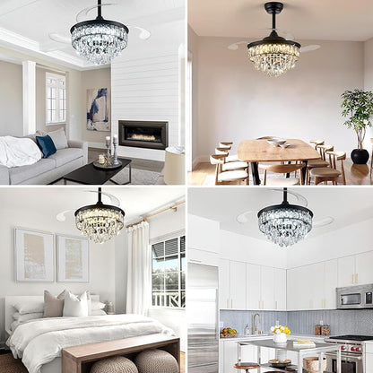 LEONTYNE 36" Modern Crystal Ceiling Fan with Lights and Remote Invisible Retractable LED Dimmable Chandelier Fan 3 Blades 6 Speeds Fandelier for Bedroom Living Room Dining Room (Black)