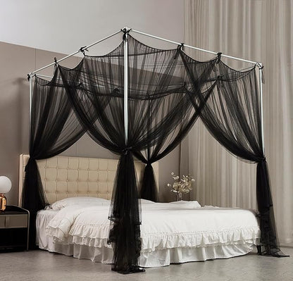 Mengersi Canopy Bed Curtains Bed Canopy with Lights for Girls, Bed Netting Unique Style 4 Door Mosquito Net for Adults Women Bedroom Decor (Black+Lights, Full/Queen)