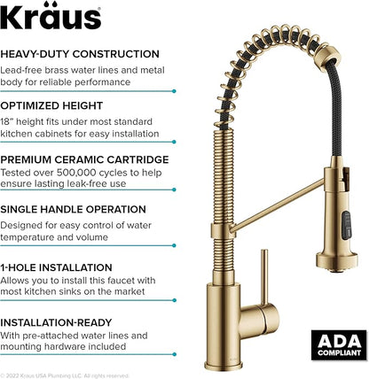 KRAUS Bolden Commercial Style Pull-Down Single Handle 18-Inch Kitchen Faucet in Brushed Brass, KPF-1610BB