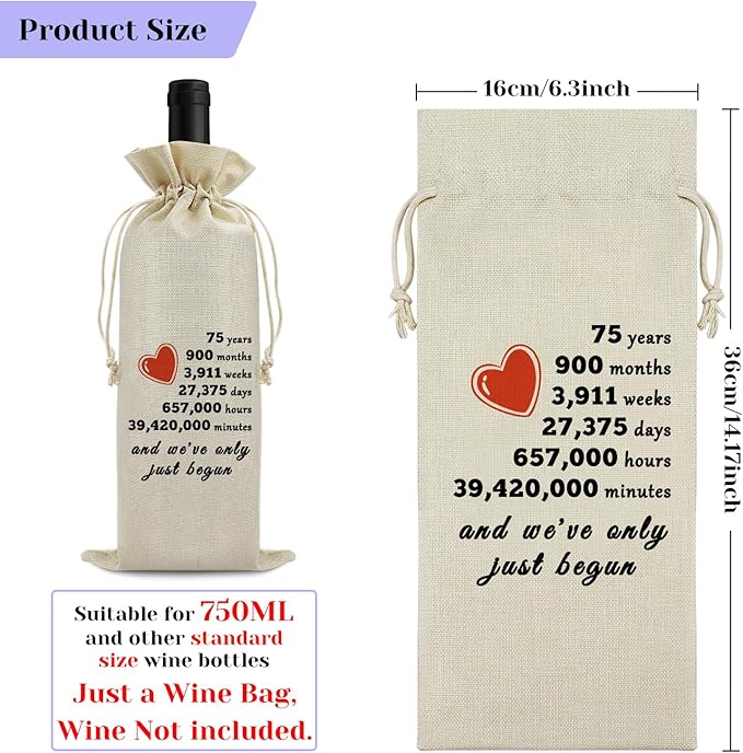 Sfodiary 75th Year Marriage Gift for Couple Wife Husband Wine Bag 75th Anniversary Wedding Gift for Women Men Wine Gift Bag Birthday Christmas Valentine Gift for Him Her Drawstring Wine Wrapping Bag