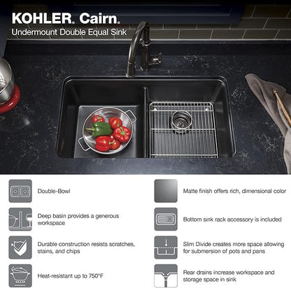 KOHLER K-8199-CM1 Cairn Sink, 33" Neoroc Composite Undermount Double-Bowl Kitchen Sink, Composite Kitchen Sink with Sink Rack, Matte Black