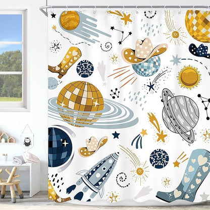 Kids Western Planet Shower Curtain 60Wx72L Inch Boy Disco Outer Space Retro Cool Cowgirl Cowboy Funny Galaxy Universe Wild West Bathroom Set Unique Bath Curtain Bathtub Accessories Home Decor