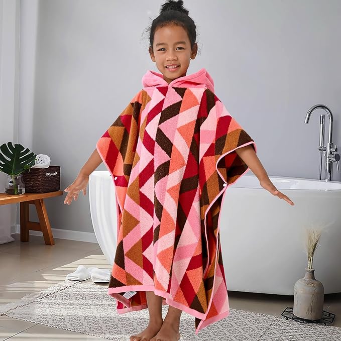 VOOVA & MOVAS Kids Towels Poncho with Hood (4-8Years) - Thick 500GSM,Soft, Absorbent, 100% Cotton Swim Towel, Perfect for Bathroom | Pool | Swim, Jacquard,Red