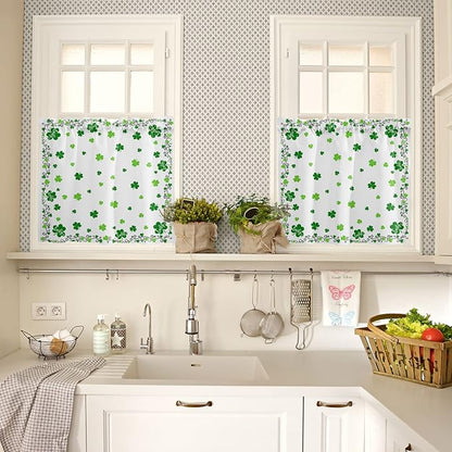St. Patrick's Day Kitchen Curtains and Valances Set, Green Shamrock Irish Clover Window Tiers Seasonal Spring Holiday Half/Short Curtains for Small Windows Cafe /Living Room/ Bedroom 54x24 in