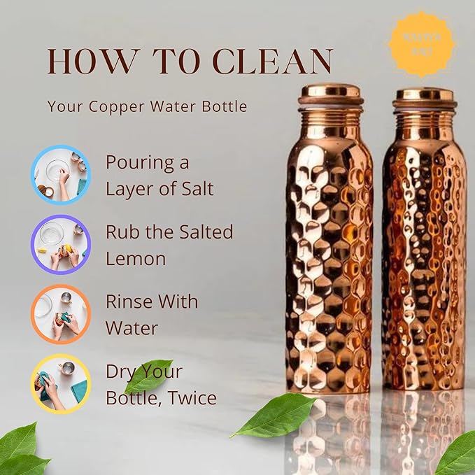 Pure Copper Metal Water Bottle - 32 oz - Indian Handmade Ayurveda Healing Drinking Water Bottle for Travel, Hiking, Gym, Office, Outdoor - Glossy Etching