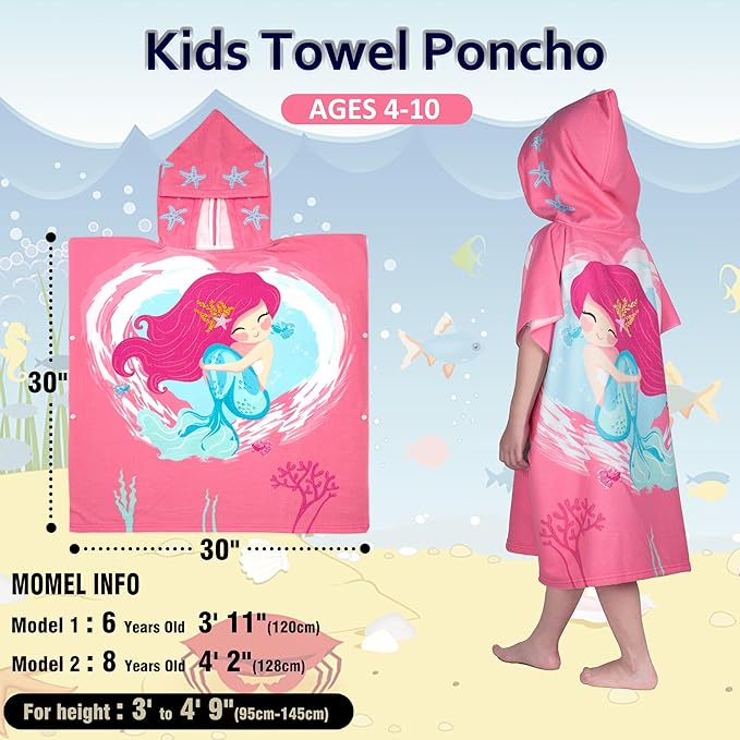 Hooded Kids Beach Towels - Toddler Bath Towel Girls Boys Swim Cover-ups for Ages 4 to 10 Kids Pool Towels Quick Dry Lightweight Soft Microfiber Poncho 30x30 with Bag (Mermaid Smile)