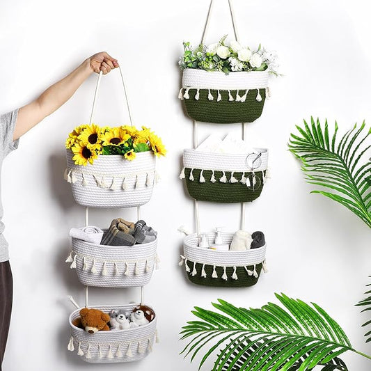 Over The Door Hanging Basket Boho Woven Wall Hanging Baskets 3-Tier Cotton Wall Mounted Storage Organizer Bag Macrame Decorative Hanging Baskets for Kitchen Laundry Room Stairs(White, Green)