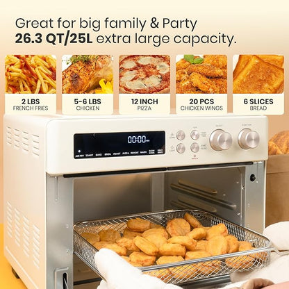 Retro Style Infrared Heating Air Fryer Toaster Oven, Extra Large Countertop Convection Oven 10-in-1 Combo, 6-Slice Toast, Enamel Baking Pan Easy Clean with Recipe Book, Almond Yellow Color