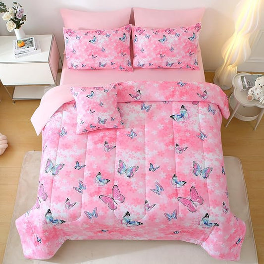 JQinHome 6 Piece Butterfly Comforter Set Twin, 3D Pink Flower Printed Butterfly Bedding Set,All Season Microfiber Butterfly Theme Home Decor Bedding for Girls with Sheet Sets(Pink)