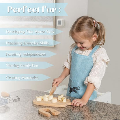 Kids Cooking Sets Real, 6 Piece Wooden Cooking Set for Kids with Montessori Kitchen Tools & Kids Aprons for Cooking, Food Grade Approved, Toddler Kitchen Set with Toddler Apron