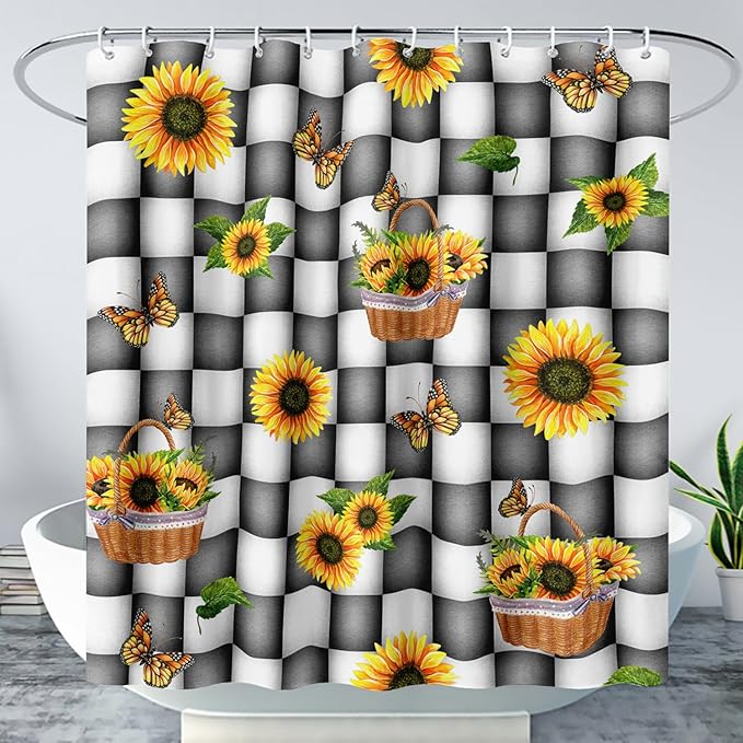AILONEN Sunflower Shower Curtain for Bath Curtain,Black and White Grid Butterfly Bath Curtain,Garden Flower Yellow Floral Waterproof Shower Curtain 72" W x 96" H