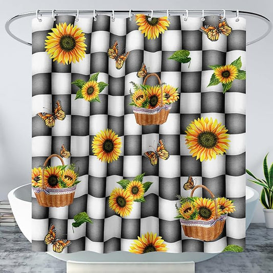 AILONEN Sunflower Shower Curtain for Bath Curtain,Black and White Grid Butterfly Bath Curtain,Garden Flower Yellow Floral Waterproof Shower Curtain 72" W x 96" H