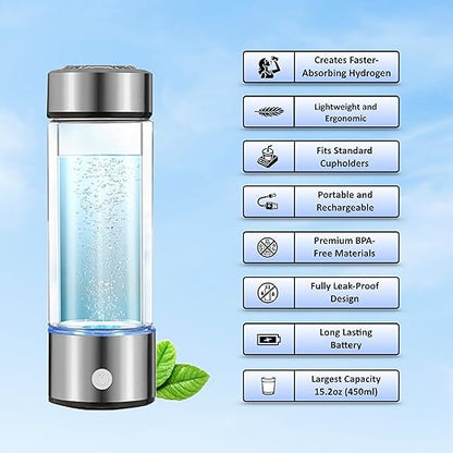 Hydrogen Water Bottle Generator, Hydro Water Bottle Machine, 450ml Portable Rechargeable Water Ionizer with True SPE PEM Technology Improves Water Quality Within 3 Minutes for Home, Travel, Daily Use