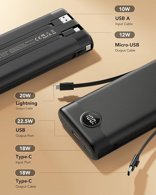 VEEKTOMX Power Bank 30000mAh, 22.5W Fast Charging Portable Charger built in cables, USB C Battery Pack, External Travel Battery Bank Compatible with iPhone, Samsung, Android Devices for Travel(1 Pack)