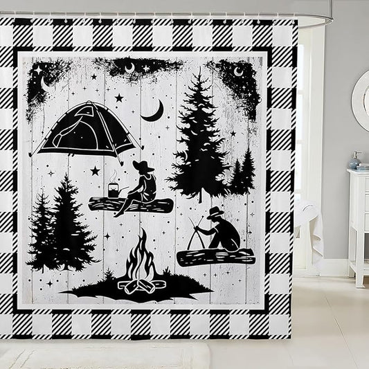 Feelyou Happy Camping Shower Curtain White Wooden Fabric Shower Curtain for Kids Rustic Farmhouse Style Bathroom Waterproof Accessories with 12 Hooks Black and White Plaid Curtains,72X84 Inches