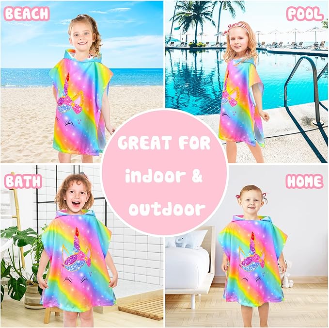 Bath Beach Pool Towel with Hood for Kids Girls, Hooded Towels Swim Poncho Towel Cover-ups for 3-8 Years with Drawstring Bag, Super Absorbent, 24 in x24 in (Rainbow Unicorn)