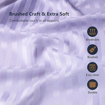 Twin Comforter Set with Sheets, 5 Pieces Super Soft Twin Bed in a Bag, All Season Solid Color Kids Bedding Set Neutral for Boys & Girls, Purple Striped