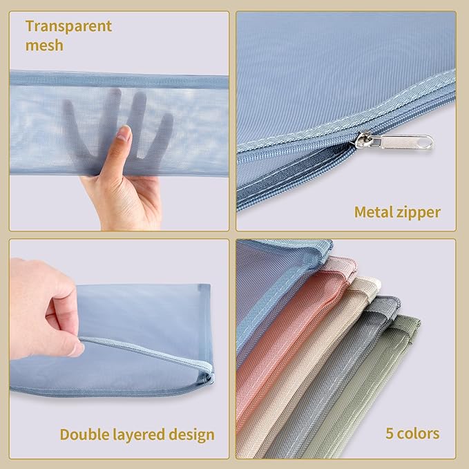 20 Pack Colored Single-Layer Mesh Zipper Pouch Bags(10Pcs A4+10Pcs A5), Nylon Building Block Sets Toy Storage & Organization, Breathable See Through Pouch with Handle for School Office Games