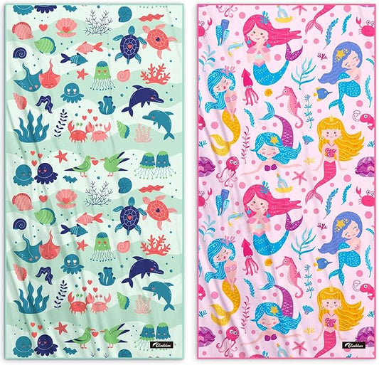 Kids Beach Towels 2 Pack 60''x30'', Quick Dry, Sand Free, Compact, Lightweight, Absorbent, Girls & Boys Large Microfiber Towels Gifts for Pool, Swim, Cruise Essentials