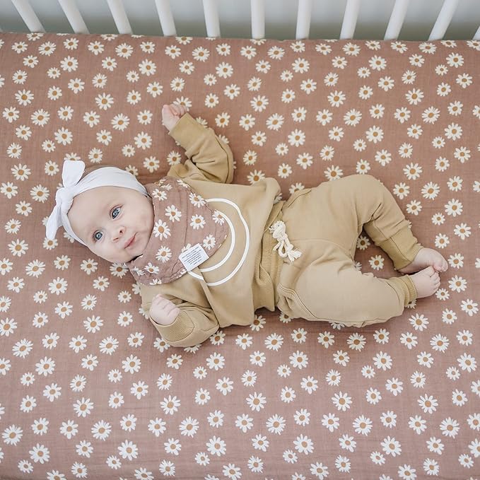 Daisy Dream Muslin Crib Sheet by Mebie Baby, Soft and Breathable Bed Sheets for Babies, Modern Neutral Bedding for Cribs, Standard Crib Mattress Fitted Sheet, Great for Boy or Girl Room or Nursery
