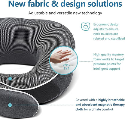 Travel Pillow 100% Pure Memory Foam Neck Pillow, Pillows for Sleeping, Car and Airplane Travel Essentials, Travel Kit with 3D Contoured Eye Masks, Earplugs and Luxury Mesh Bag (Dark Grey)