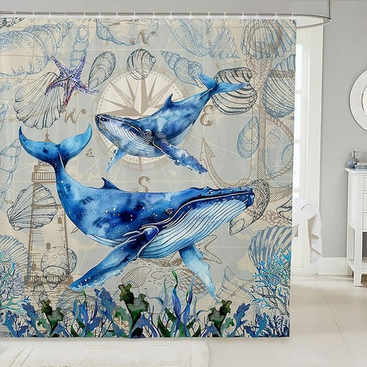 Feelyou Whale Shower Curtain Ocean Themed Fabric Shower Curtain for Kids Boys Girls Shells and Corals Bathroom Waterproof Accessories with 12 Hooks Blue and Brown Curtains,72X72 Inches