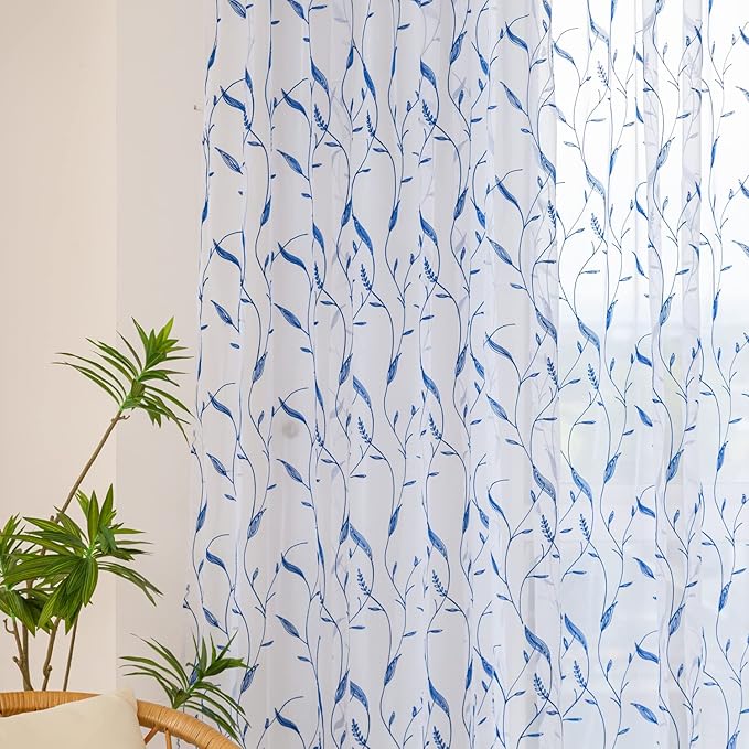 Windows Sheer Curtains Embroider Blue Leaf 90 Inches Length 2 Panels Voile Light Filtering Sheer Curtains Panel Basic Rod Pocket for Bedroom Living Room Children Room
