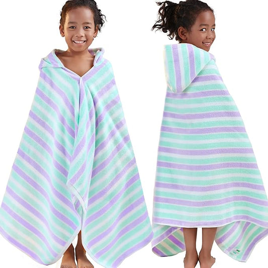 VOOVA & MOVAS Kids Hooded Bath Towels Quick Dry - (3-10Years) - Absorbent Lightweight Hooded Cotton Towel for Pool | Swim | Beach | Bath, Boys Wrap Towel with Hood, Aqua Purple Stripe