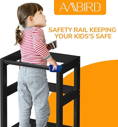 AMBIRD Toddler Step Stool, 3 Adjustable Height Kitchen Step Stool for 18-48 Months Kids, Wooden Toddler Kitchen Stool with Rail & Non-Slip Mat for Kitchen & Bathroom Sink (Black)
