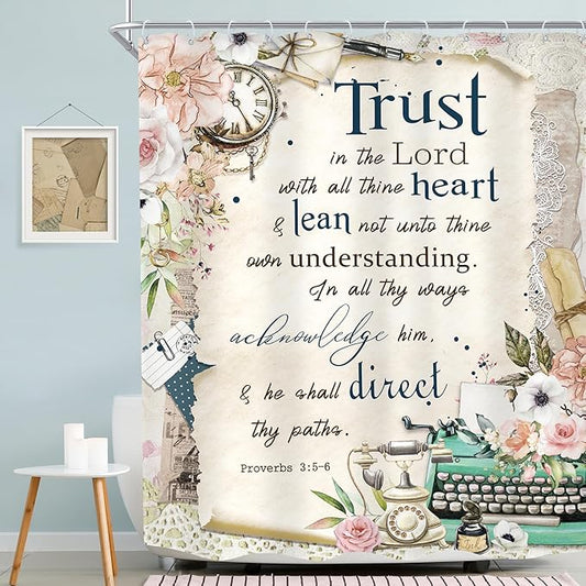 MESHELLY Vintage Christian Shower Curtain 60Wx72H Retro Floral Bible Verse Rustic Farmhouse Pink Flower Quotes Bathroom Curtain Scriptures Bath Curtain Fabric Bathroom Accessories Decor with 12 Hooks